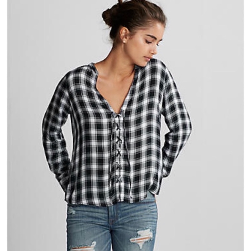Express | Plaid Lace Up V-neck Blouse